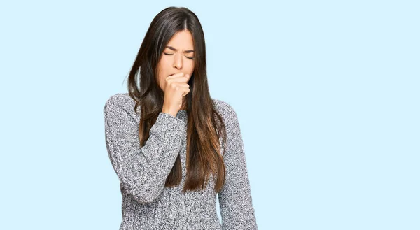 Young Brunette Woman Wearing Casual Winter Sweater Feeling Unwell Coughing — Stock Photo, Image
