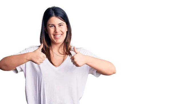 Young Beautiful Brunette Woman Wearing Casual Shirt Success Sign Doing — Stock Photo, Image