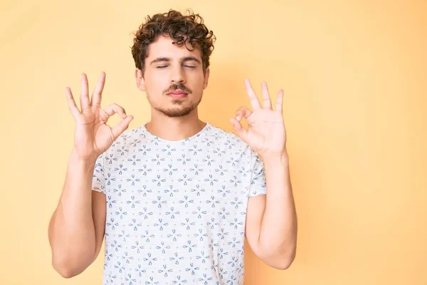 Young Caucasian Man Curly Hair Wearing Casual Clothes Relax Smiling — Stock Photo, Image