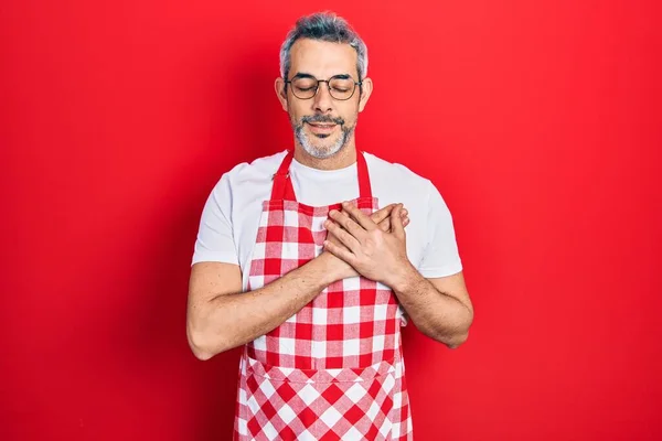 Handsome Middle Age Man Grey Hair Wearing Apron Smiling Hands — Stock Photo, Image