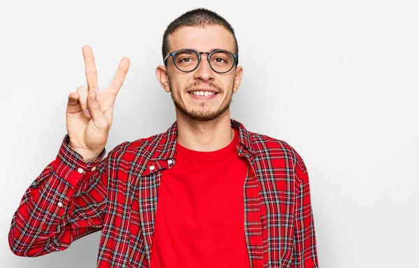 Hispanic Young Man Wearing Casual Clothes Smiling Looking Camera Showing — Stock Photo, Image