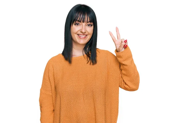 Young Hispanic Woman Wearing Casual Clothes Showing Pointing Fingers Number — Stock Photo, Image