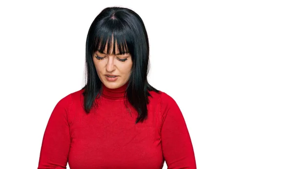 Young Hispanic Woman Wearing Casual Clothes Hand Stomach Because Indigestion — Stock Photo, Image