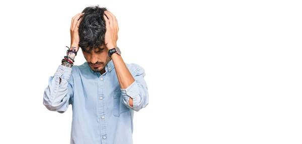 Young Hispanic Man Wearing Casual Clothes Suffering Headache Desperate Stressed — Stock Photo, Image