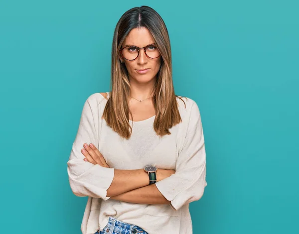 Junge Frau Lässiger Kleidung Und Brille Skeptisch Und Nervös Ablehnender — Stockfoto