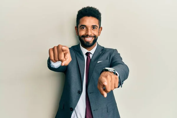 Handsome Hispanic Man Beard Wearing Business Suit Tie Pointing You — Stock Photo, Image