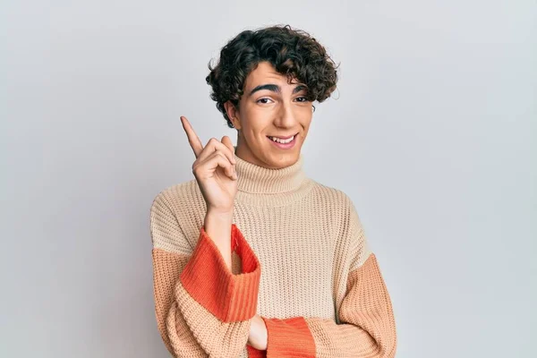 Hispanic Young Man Wearing Casual Winter Sweater Big Smile Face — Zdjęcie stockowe