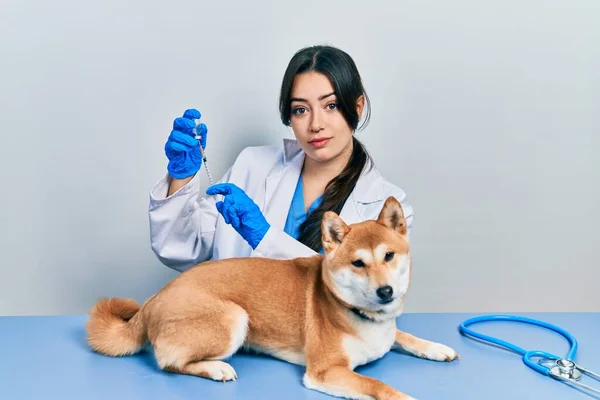 Hermosa Mujer Veterinaria Hispana Poniendo Vacuna Perro Cachorro Relajado Con —  Fotos de Stock