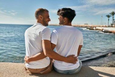 Genç eşcinsel çift ufka bakıyor. Sahilde oturuyor..