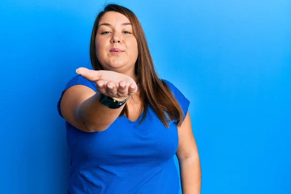 Beautiful Brunette Size Woman Wearing Casual Blue Shirt Looking Camera — Stock Photo, Image