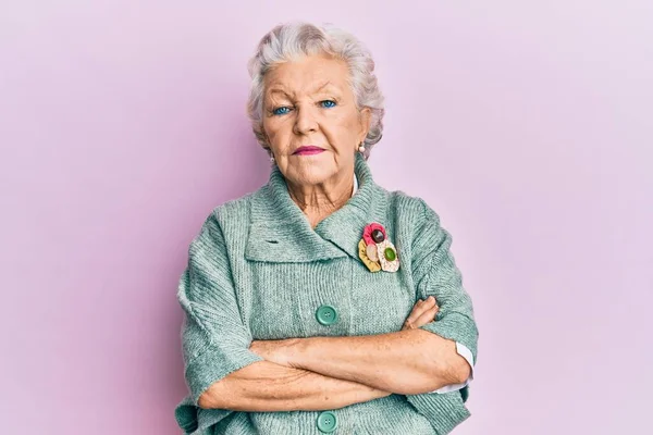 Senior Grey Haired Woman Wearing Casual Clothes Relaxed Serious Expression — Stock Photo, Image