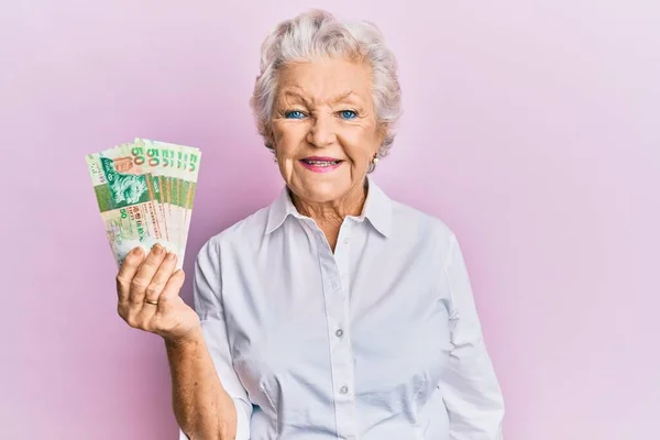 Senior Grey Haired Woman Holding Hong Kong Dollars Banknotes Looking — 스톡 사진