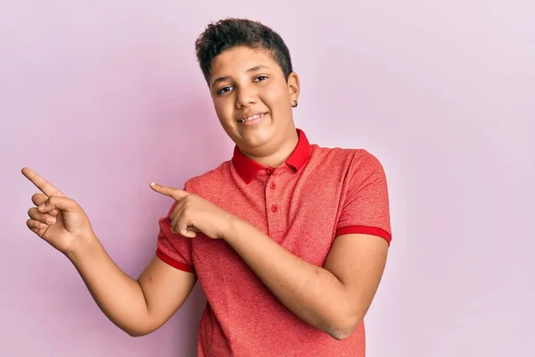 Teenager Hispanic Boy Wearing Casual Clothes Smiling Looking Camera Pointing — Stock Photo, Image