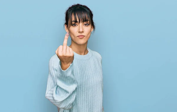 Young Hispanic Woman Wearing Casual Clothes Showing Middle Finger Impolite — Foto de Stock
