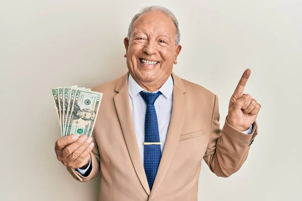 Старший Чоловік Який Тримає Долари Посміхаючись Ідеї Або Питання Вказує — стокове фото