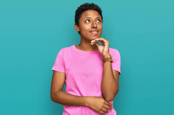 Young African American Woman Wearing Casual Clothes Hand Chin Thinking — Stock Photo, Image