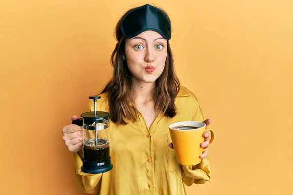 Young Brunette Woman Wearing Sleep Mask Pajama Drinking Coffee Cup — 图库照片
