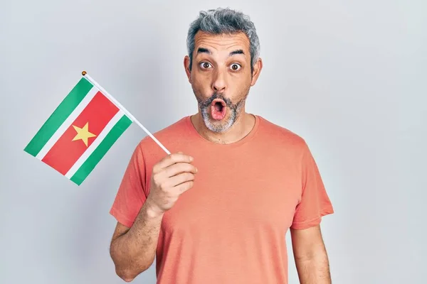 Hombre Guapo Mediana Edad Con Pelo Gris Sosteniendo Bandera Surinam —  Fotos de Stock