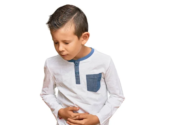 Sevimli Beyaz Çocuk Hazımsızlık Acı Veren Hastalıklar Yüzünden Günlük Giysiler — Stok fotoğraf