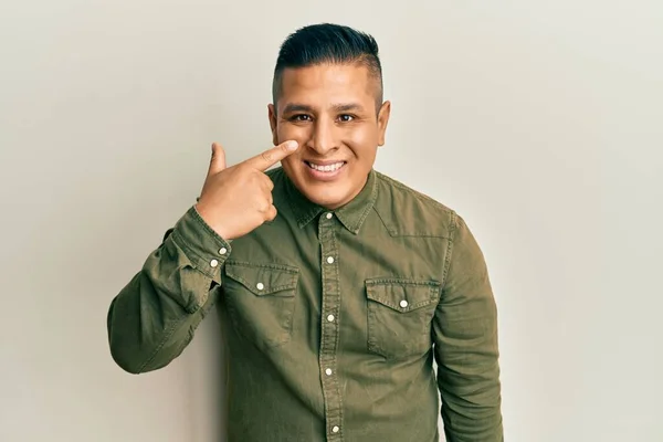 Young Latin Man Wearing Casual Clothes Pointing Hand Finger Face — Stock Photo, Image