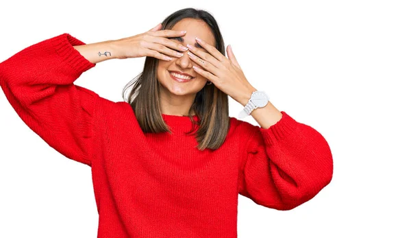 Beautiful Brunette Woman Wearing Casual Winter Sweater Covering Eyes Hands — Stock Photo, Image