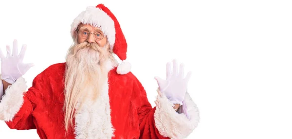 Old Senior Man Grey Hair Long Beard Wearing Traditional Santa — Stock Photo, Image