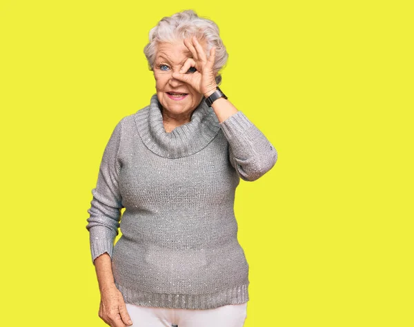 Senior Grey Haired Woman Wearing Casual Winter Sweater Doing Gesture — Stock Photo, Image