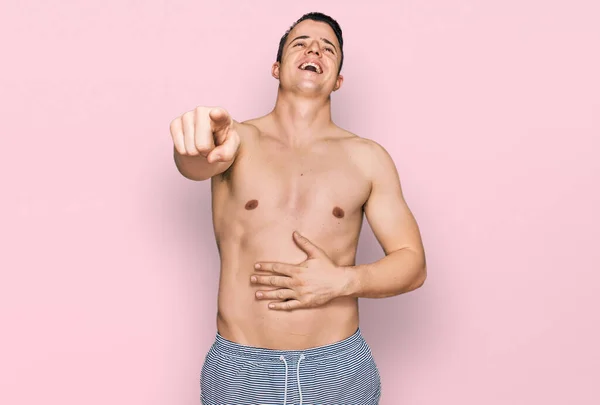 Handsome Young Man Wearing Swimwear Shirtless Laughing You Pointing Finger — Stock Photo, Image