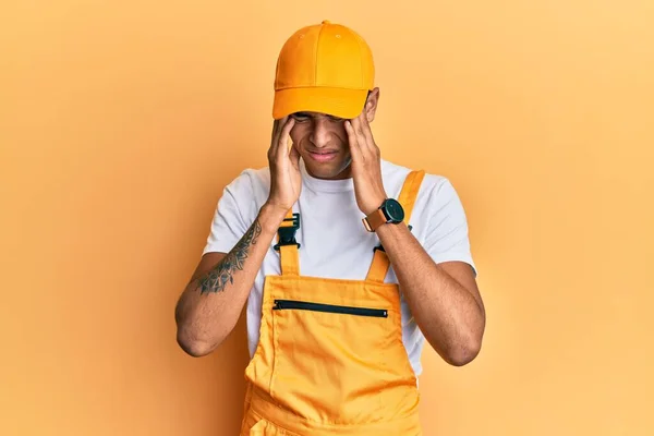 Young Handsome African American Man Wearing Handyman Uniform Yellow Background — Stock Photo, Image