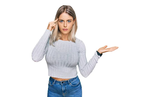 Beautiful Blonde Woman Wearing Casual Clothes Confused Annoyed Open Palm — Stock Photo, Image