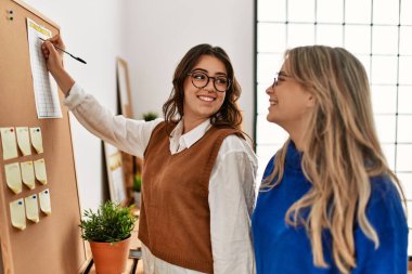 Ofisteki mantar panosunda mutlu yazılar yazan iki iş adamı..