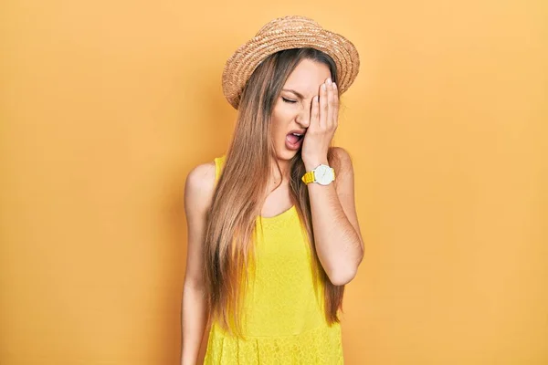 Young Blonde Girl Wearing Summer Hat Yawning Tired Covering Half — Stock Photo, Image