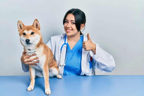 Bela Veterinária Hispânica Mulher Verificando Saúde Cão Sorrindo Feliz Positivo — Fotografia de Stock