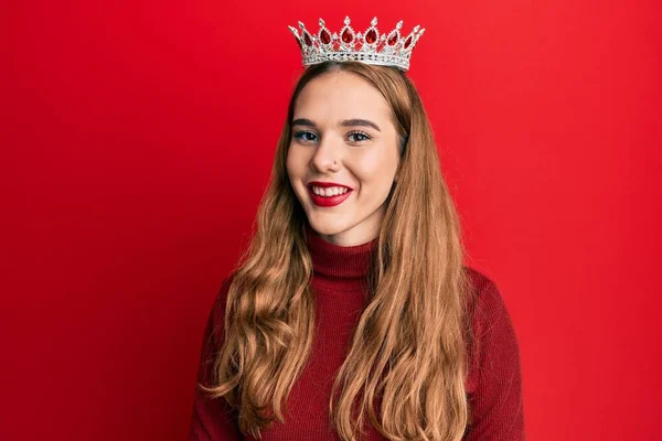 Young Blonde Woman Wearing Princess Crown Looking Positive Happy Standing — Stock Photo, Image