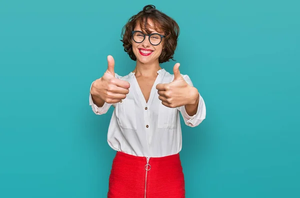 Young Hispanic Woman Wearing Business Style Glasses Approving Doing Positive — Stock Photo, Image