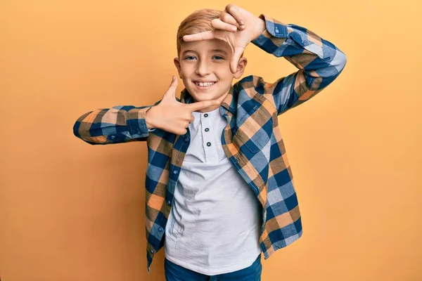 Little Caucasian Boy Kid Wearing Casual Clothes Smiling Making Frame — Stock Photo, Image