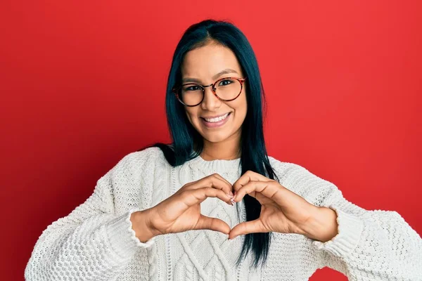 Beautiful Hispanic Woman Wearing Casual Sweater Glasses Smiling Love Showing — Stock Photo, Image