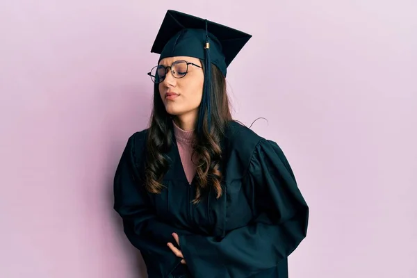 Young Hispanic Woman Wearing Graduation Cap Ceremony Robe Hand Stomach — Stock Photo, Image