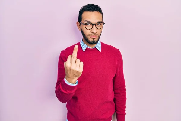 Hispanic Man Beard Wearing Business Shirt Glasses Showing Middle Finger — Stock fotografie