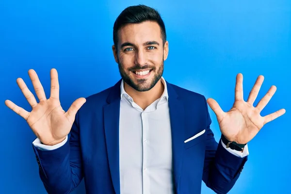 Young Hispanic Businessman Wearing Business Jacket Showing Pointing Fingers Number — Stock Photo, Image