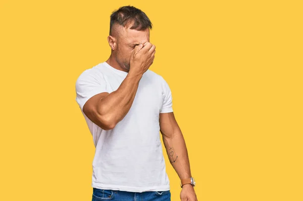 Handsome Muscle Man Wearing Casual White Tshirt Tired Rubbing Nose — Stock Photo, Image