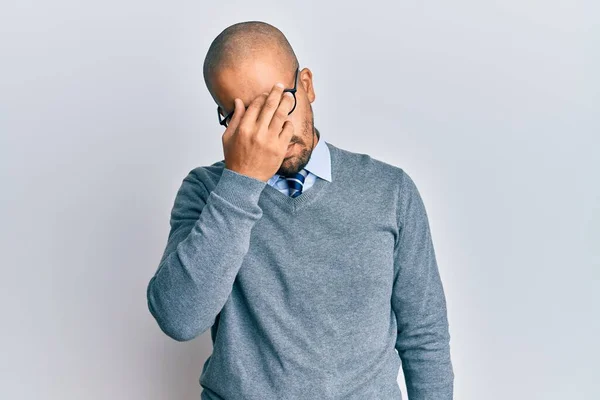 Hispanic Adult Man Wearing Glasses Business Style Tired Rubbing Nose — Stock Photo, Image