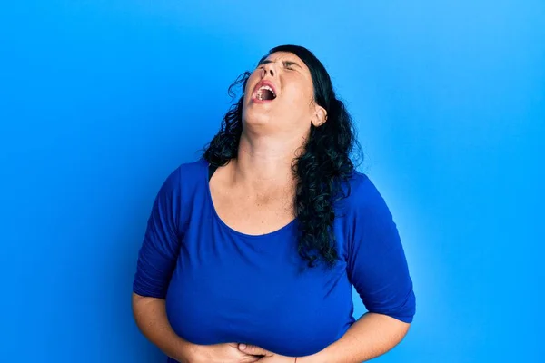 Size Brunette Woman Wearing Casual Blue Shirt Hand Stomach Because — Stock Photo, Image