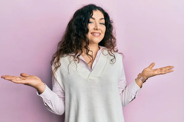 Young Brunette Woman Curly Hair Wearing Casual Clothes Smiling Showing — Stock Photo, Image