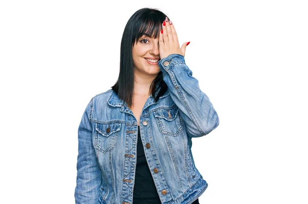 Young Hispanic Woman Wearing Casual Clothes Covering One Eye Hand — Stock Photo, Image