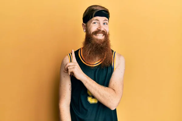 Redhead Man Long Beard Wearing Basketball Uniform Big Smile Face — Stock Photo, Image