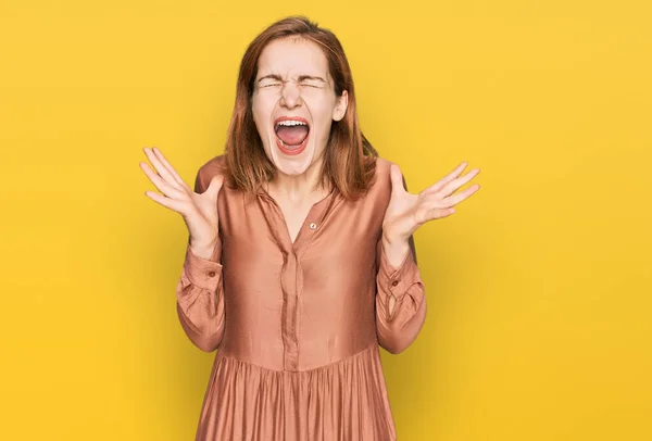 Young Caucasian Woman Wearing Sexy Party Dress Celebrating Mad Crazy — Stock Photo, Image