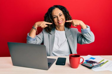 Ofiste çalışan orta yaşlı güzel bir kadın bir fincan kahve içiyor neşeli bir şekilde gülümsüyor ve parmaklarıyla ve ağzıyla işaret ediyor. diş sağlığı kavramı. 