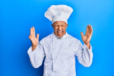Orta yaşlı, gri saçlı, profesyonel aşçı üniforması giyen, şapkalı, çılgın ve çılgın başarısını kutlayan, kolları havada, gözleri kapalı, heyecanlı bir adam. Kazanan konsept 