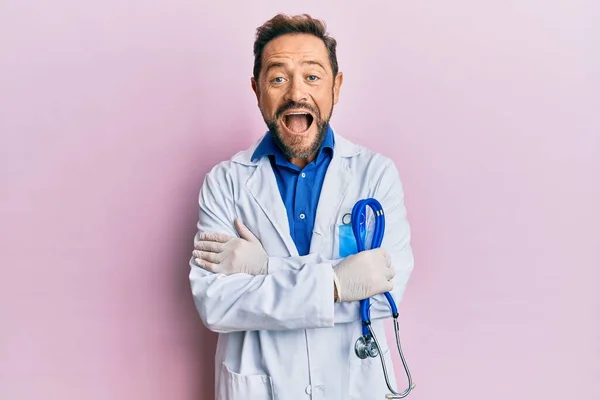 Middle Age Man Wearing Doctor Uniform Smiling Laughing Hard Out — Stock Photo, Image